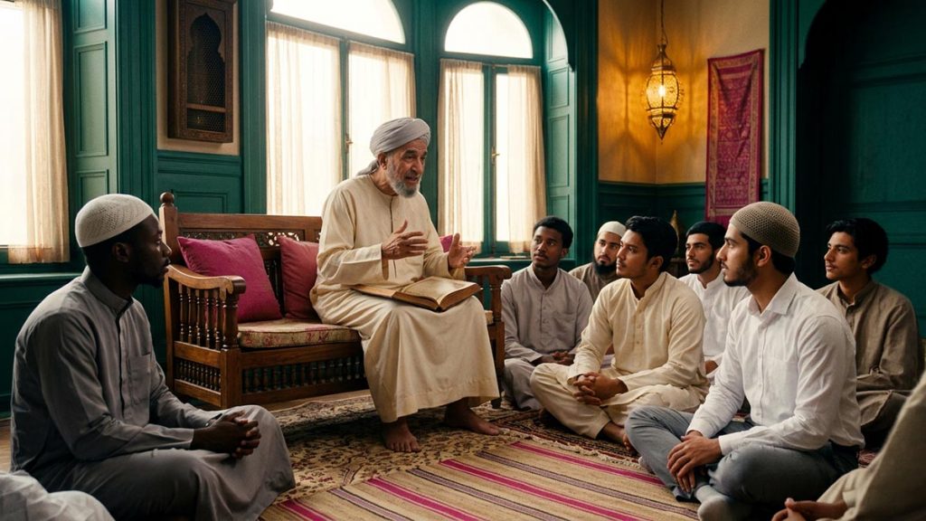 Students gathered respectfully around an elder teacher recounting cherished history in a bright room, a visual for Radiyallahu Anhu.