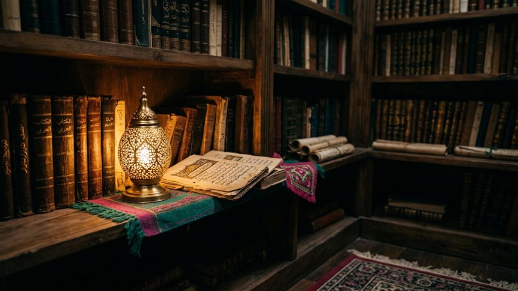 Shelves of aged manuscripts and books beside a glowing lamp, quiet and reverent, no people, reflecting Radiyallahu Anhu.