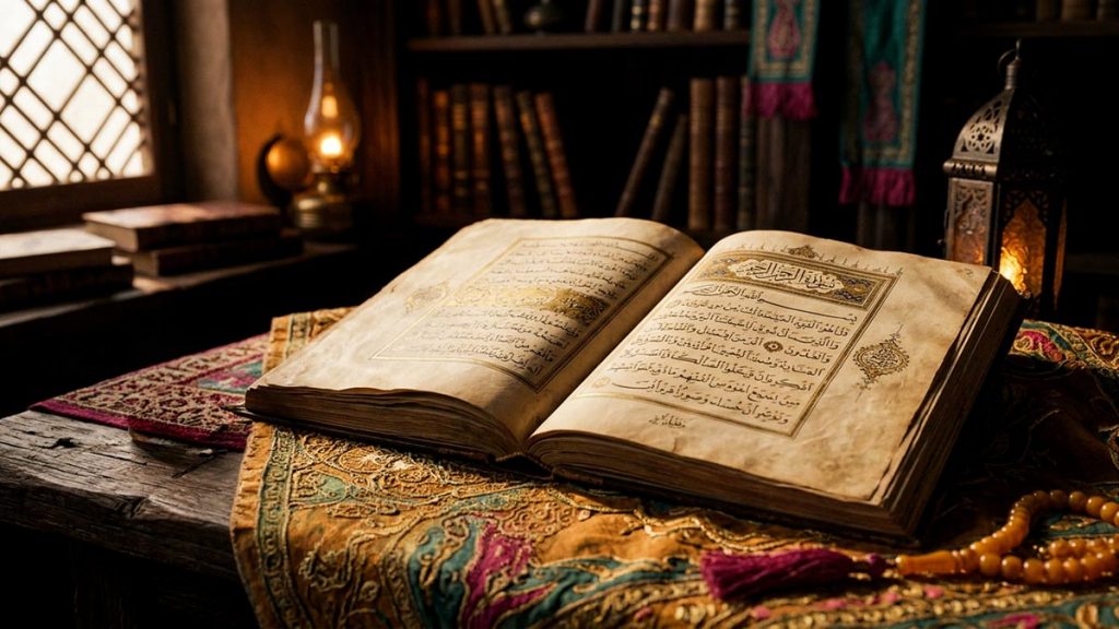 Warm light falling gently across the pages of an ancient open book, evoking the meaning of Radiyallahu Anhu.