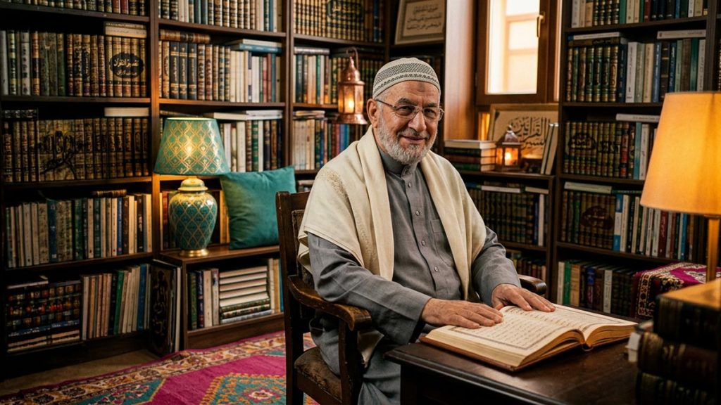 A Muslim elderly man, a wise and gentle expression, seated among books in a warmly lit study, illustrating Rahimahullah.