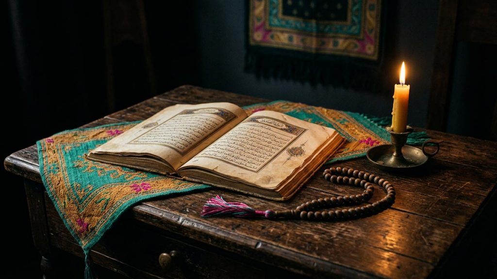 A still life of an aged open manuscript, prayer beads and a candle on a wooden desk, reflecting the meaning of Rahimahullah.