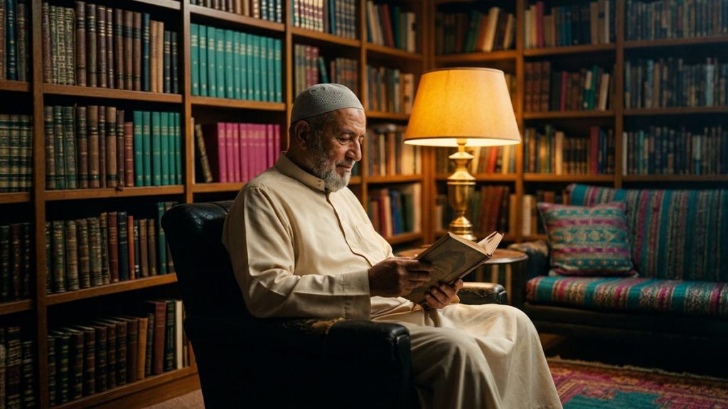 An elderly Muslim teacher reading thoughtfully by lamplight in a book-lined room, evoking Rahimahullah.