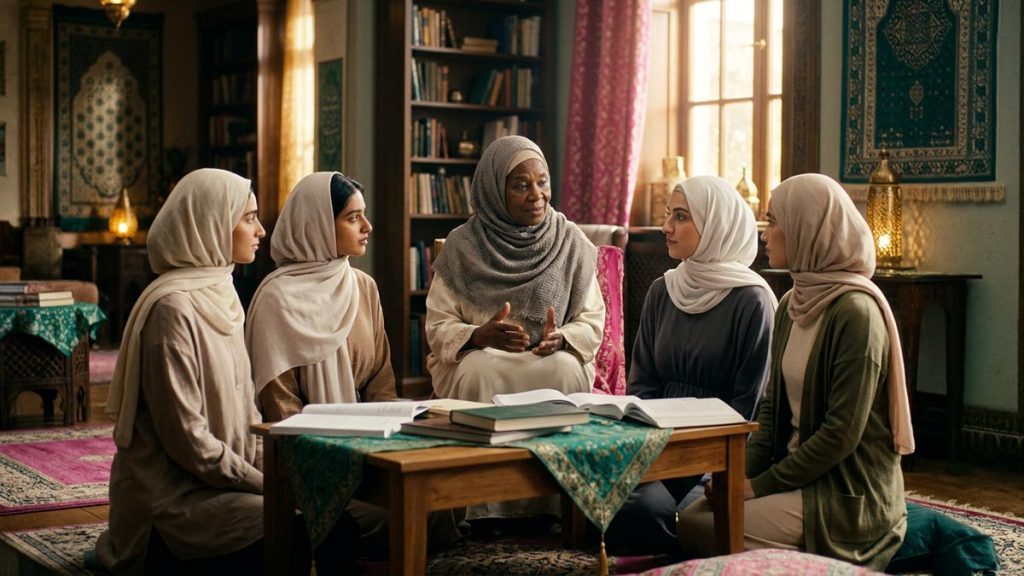 A respected elder sharing knowledge with attentive students in a sunlit study circle, a visual for Rahimahullah.