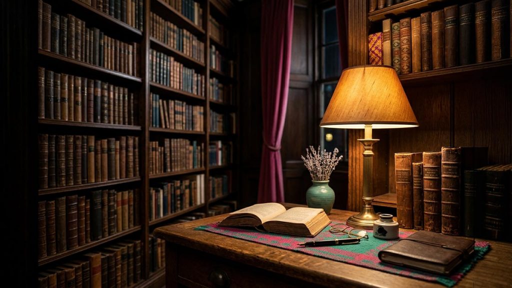 Tall shelves of leather-bound books beside a soft desk lamp, scholarly and quiet, no people, reflecting Rahimahullah.