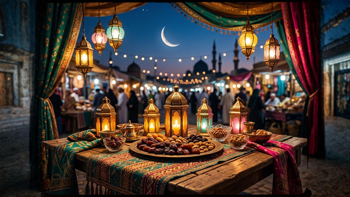 Glowing lanterns and a crescent moon above a table of dates at dusk, warm and festive, illustrating the meaning of Ramadan Kareem.