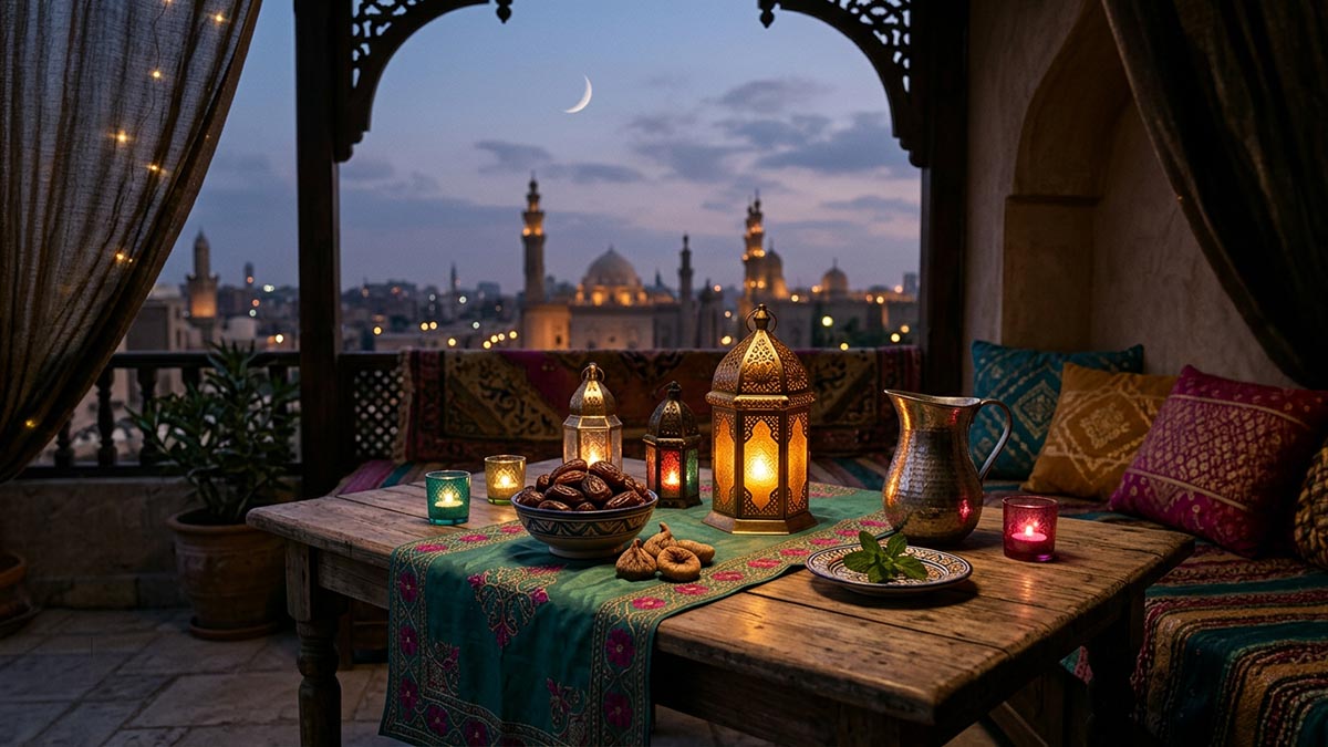 A serene Ramadan scene at dusk — a crescent moon, glowing lanterns and dates on a table, no people, illustrating the meaning of Ramadan Mubarak.