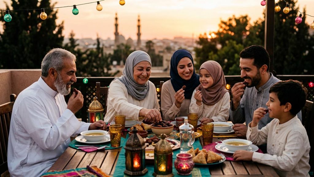 A Muslim family gathering at an iftar table at sunset, breaking their fast with dates and warm smiles, illustrating Ramadan Mubarak.