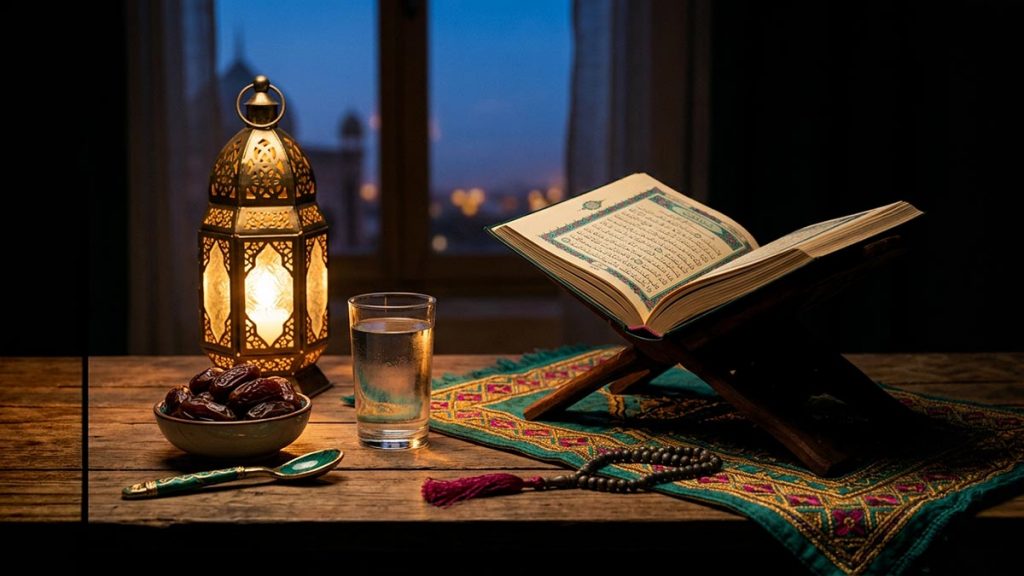 A still life of dates, a glass of water, a glowing lantern and an open Quran at dusk, reflecting the meaning of Ramadan Mubarak.