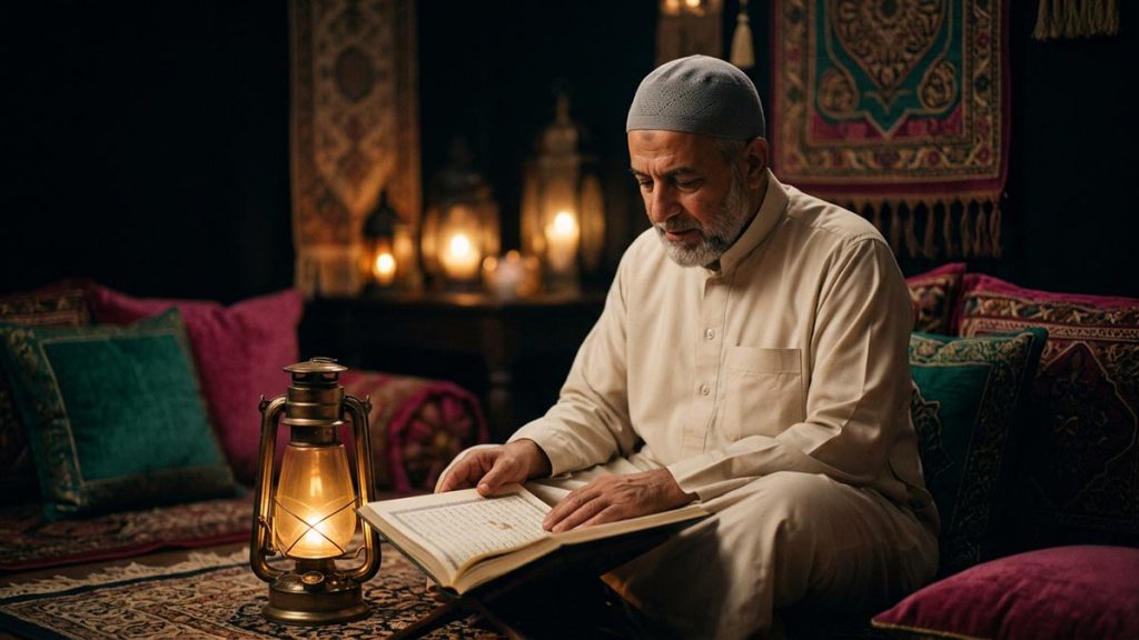 A worshipper reading the Quran by lantern light during a peaceful Ramadan night, evoking Ramadan Mubarak.
