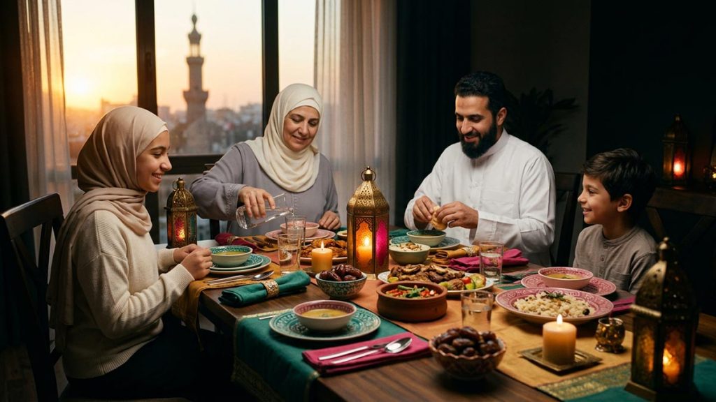 A family sharing a warm iftar meal together at sunset around a beautifully set table, a visual for Ramadan Mubarak.