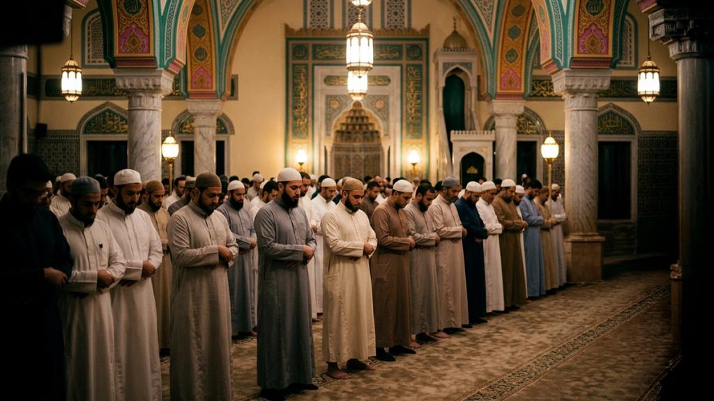 Worshippers standing in night prayer in a softly lit mosque during Ramadan, capturing the spirit of Ramadan Mubarak.