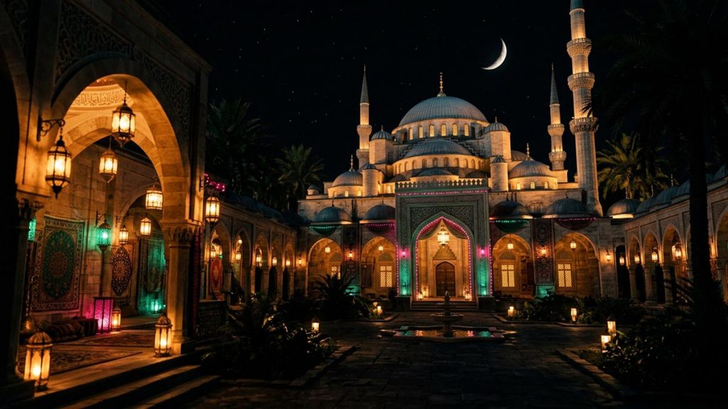 A tranquil mosque at night glowing with lanterns under a crescent moon, no people, reflecting Ramadan Mubarak.