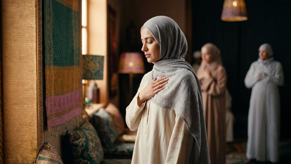 A Muslim woman, a hand resting over the heart in devotion and love, standing peacefully in soft light, illustrating Sallallahu Alayhi wa Sallam.