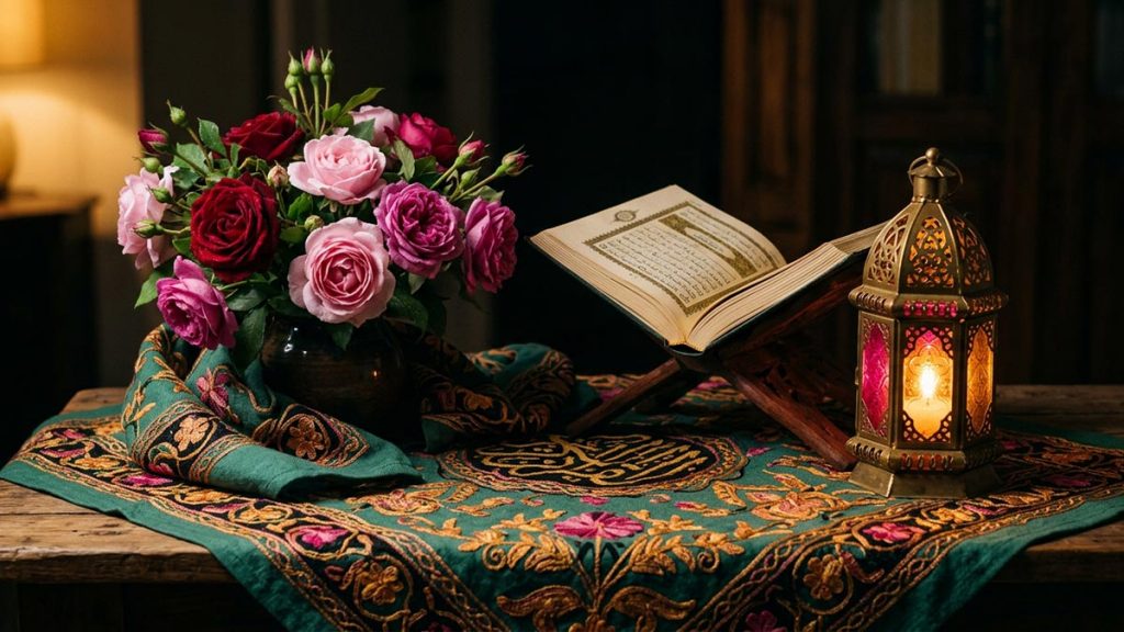A still life of fresh roses, an open Quran and a glowing lantern on an embroidered cloth, reflecting the meaning of Sallallahu Alayhi wa Sallam.
