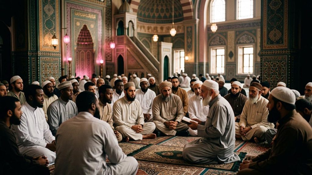 Muslims of many backgrounds gathered in loving remembrance inside a beautiful mosque, a visual for Sallallahu Alayhi wa Sallam.