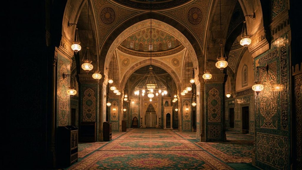 An ornate mosque interior with elegant arches and hanging lamps, reverent and empty, reflecting Sallallahu Alayhi wa Sallam.
