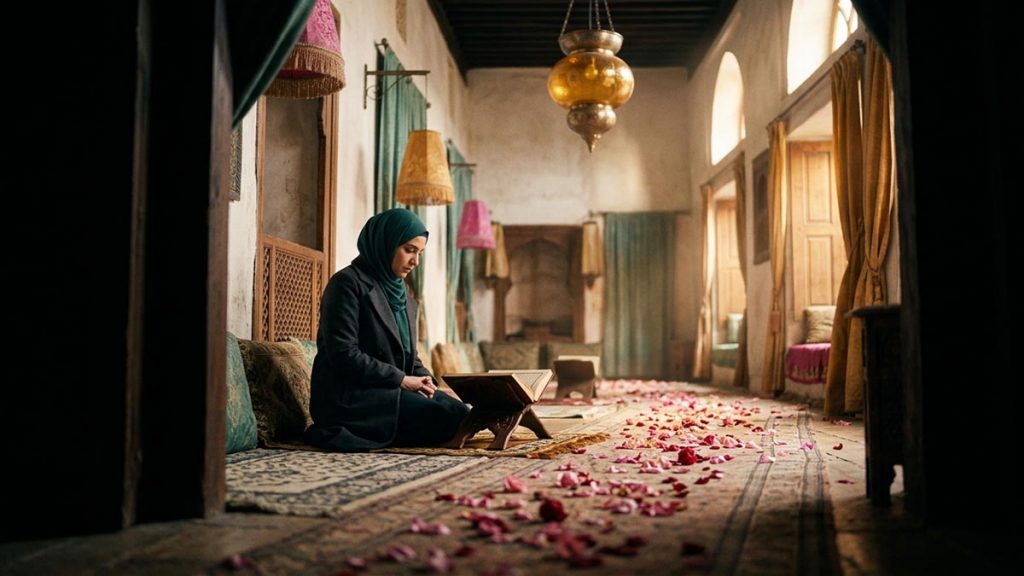 Soft golden light and a scattering of rose petals in a serene, sacred space, evoking the meaning of Sallallahu Alayhi wa Sallam.