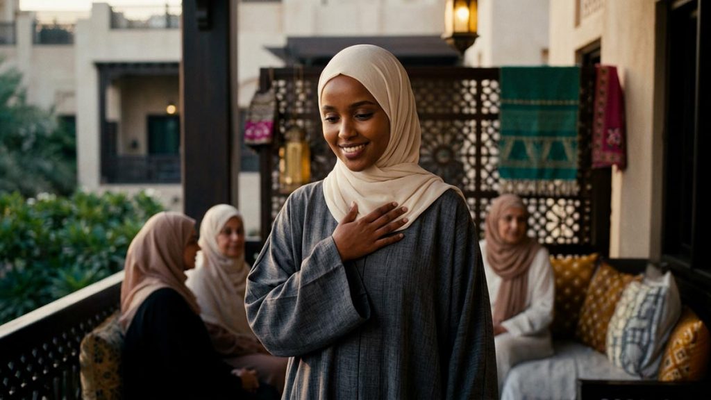A Muslim woman, hand gently over the heart and a peaceful smile, standing in beautiful natural light, illustrating SubhanAllah.