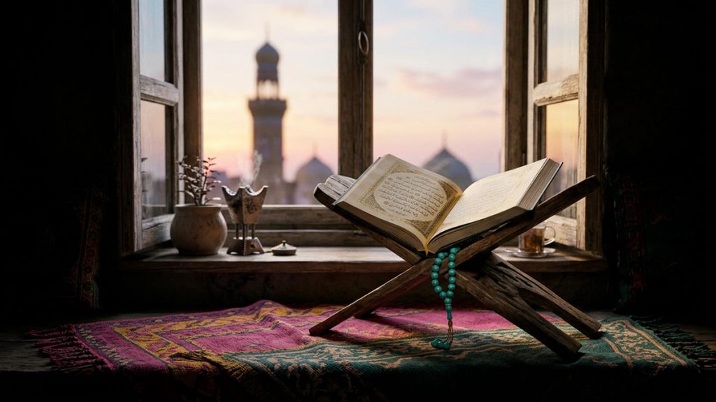 A still life of an open Quran and prayer beads on a wooden stand beside a window at sunrise, reflecting the meaning of SubhanAllah.