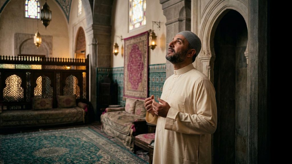 A worshipper pausing in wonder and gratitude, gazing upward, softly lit in a serene setting, evoking SubhanAllah.