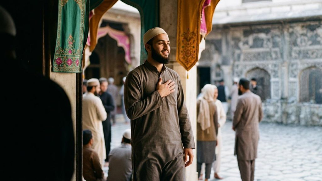 A Muslim young man, hand gently over the heart and a peaceful smile, standing in beautiful natural light, illustrating TabarakAllah.