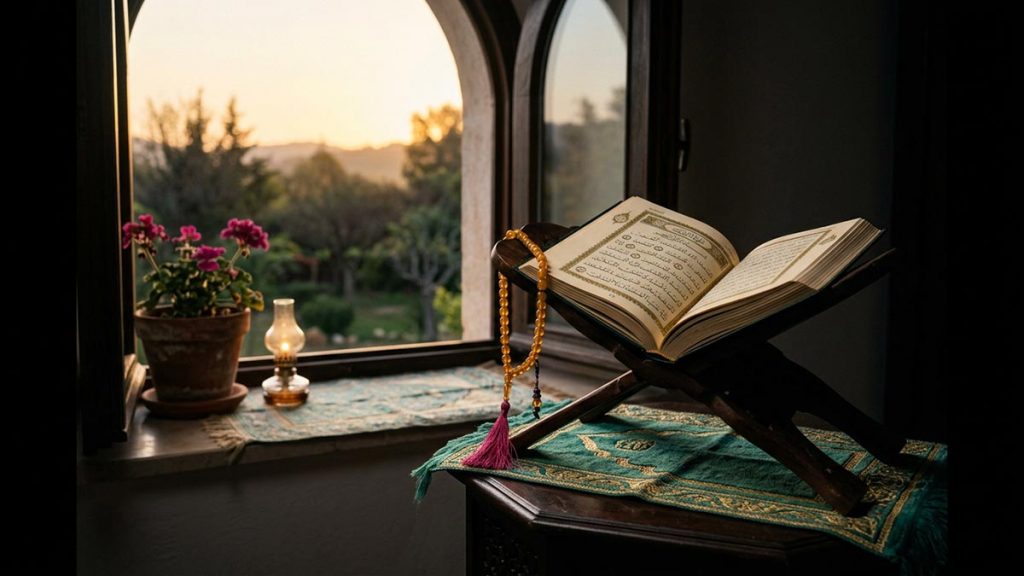 A still life of an open Quran and prayer beads on a wooden stand beside a window at sunrise, reflecting the meaning of TabarakAllah.