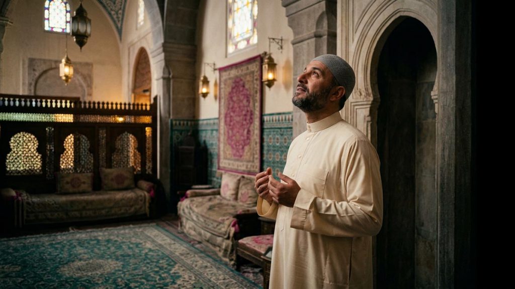 A worshipper pausing in wonder and gratitude, gazing upward, softly lit in a serene setting, evoking TabarakAllah.