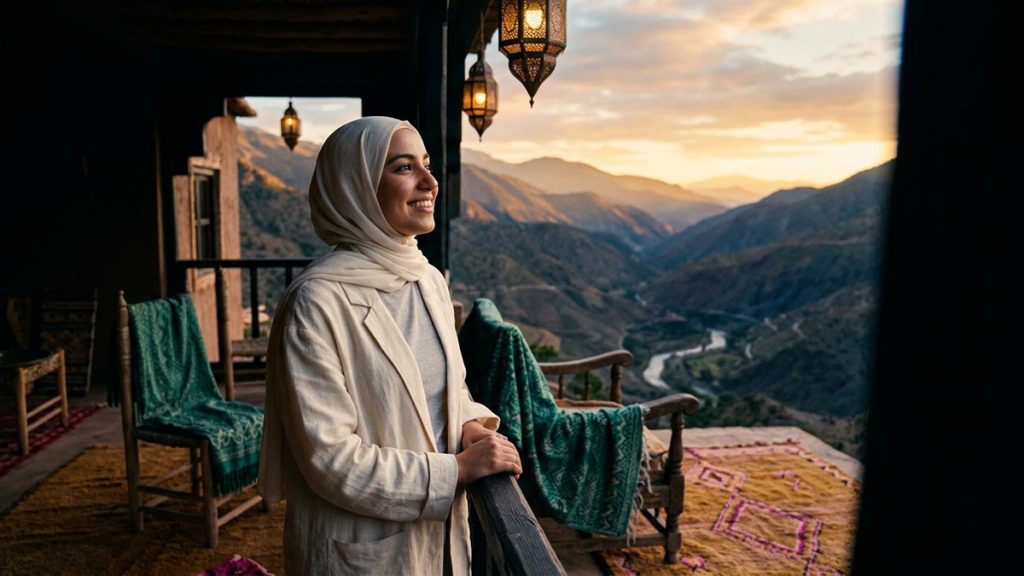A Muslim woman in a hijab smiling with gratitude while looking out over a beautiful landscape, a visual for TabarakAllah.