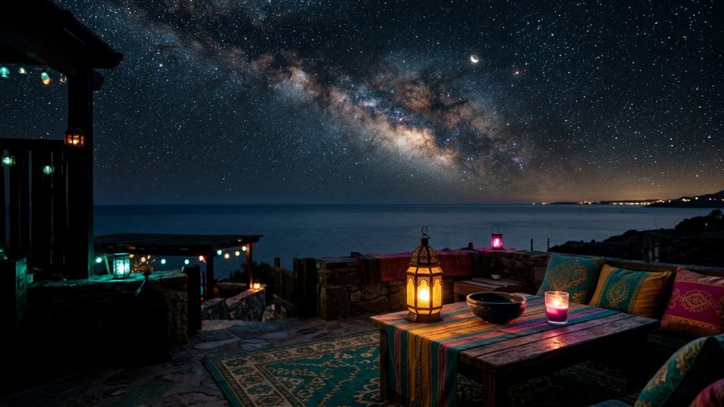 A sweeping starlit night sky over a calm horizon, awe-inspiring and vast, no people, reflecting TabarakAllah.