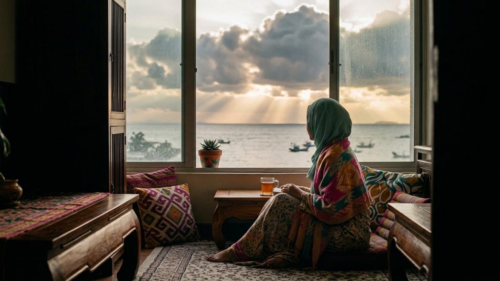 Gentle rays of golden light breaking through clouds over a tranquil scene, evoking the meaning of TabarakAllah.
