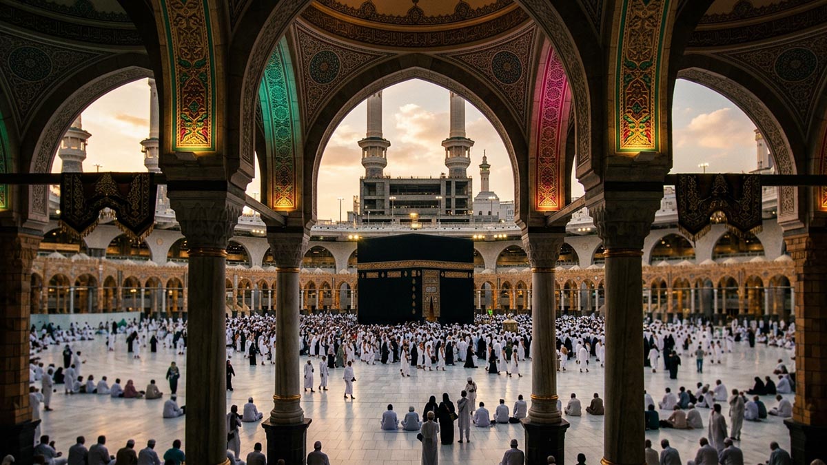 The sacred Kaaba beneath the arches of the Grand Mosque in warm light, seen from a respectful distance, illustrating the meaning of Umrah Mubarak.