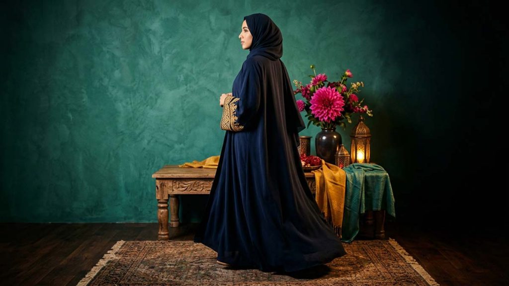 A Muslim woman in a flowing Abaya, the drape and embroidery shown