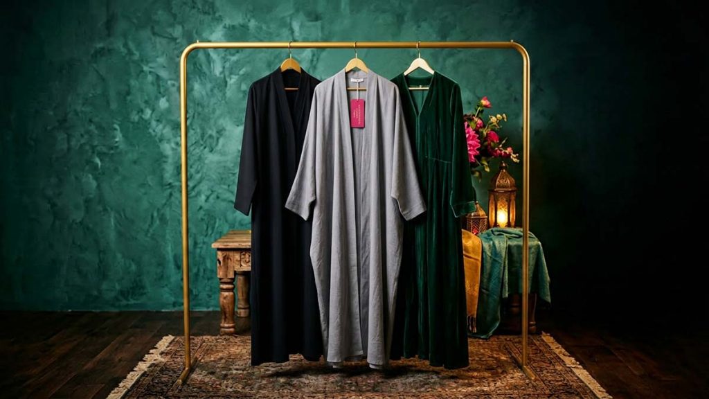 Three Abaya styles in different colours and cuts on a rail