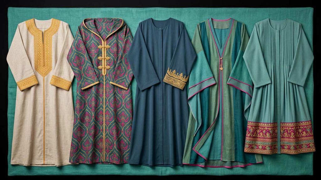 Varied Abaya styles from different cultures arranged together