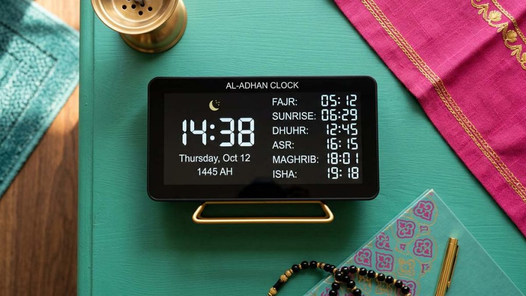 A digital Adhan Clock displaying the five prayer times