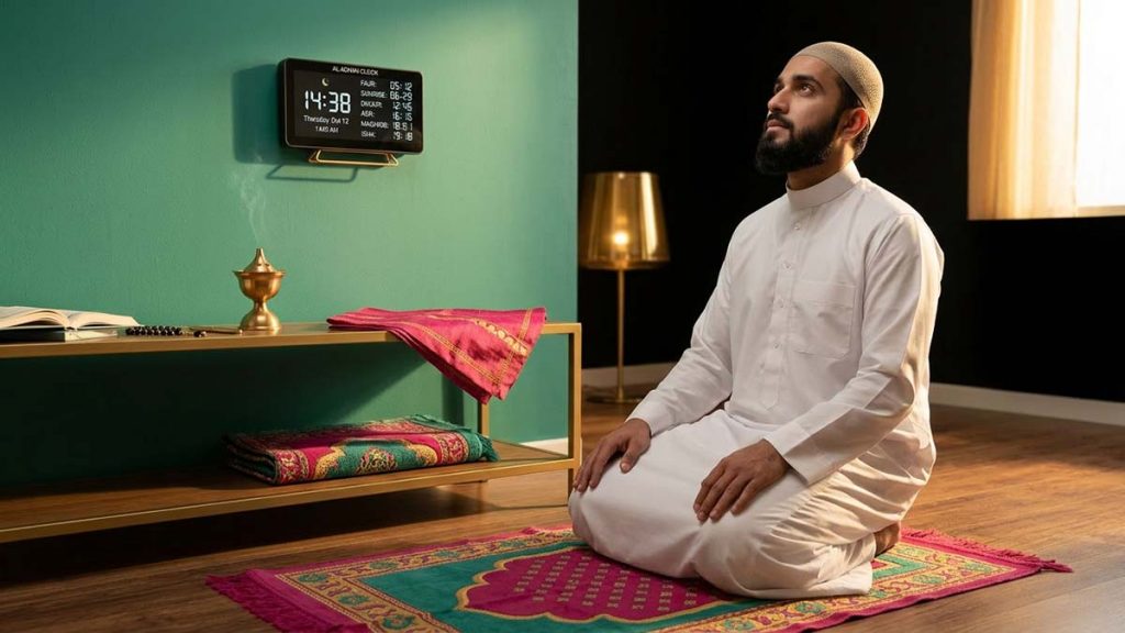 A Muslim man checking an Adhan Clock, prayer at its appointed times