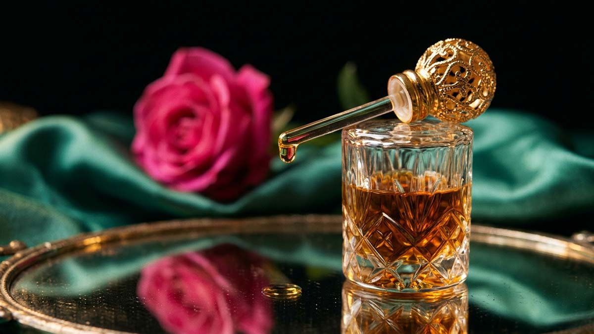 An ornate cut-glass Attar bottle with a gold stopper, a traditional alcohol-free perfume oil