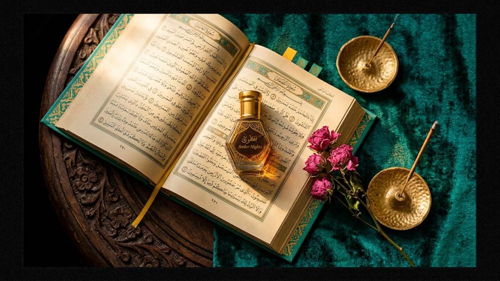 An Attar bottle on an open book beside dried roses, fragrance in the Sunnah