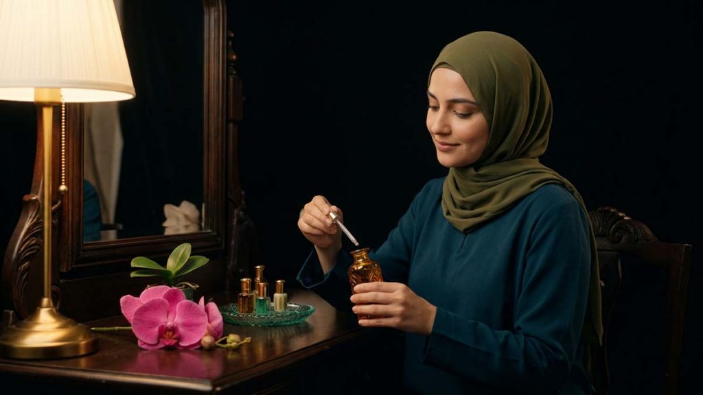 A Muslim woman applying Attar to her wrist, evoking adornment in faith
