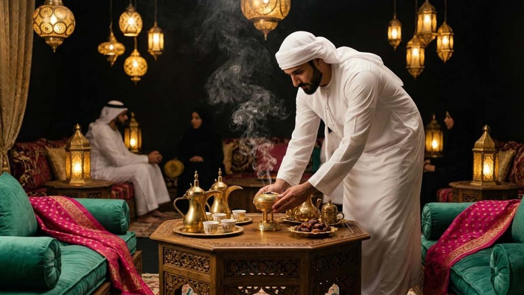 A Muslim host perfuming a majlis with Bakhoor, fragrance and hospitality