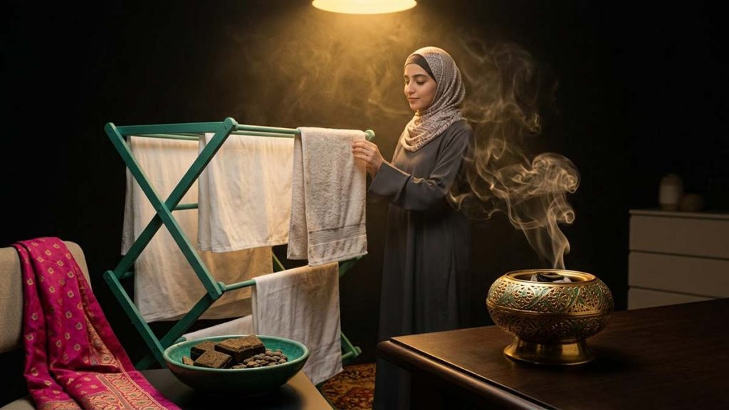 A Bakhoor burner scenting draped fabrics in a softly lit room