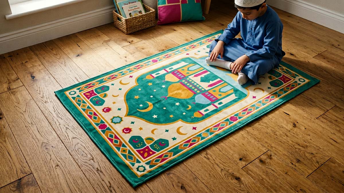 A soft brightly coloured Children's Prayer Mat with mosque-and-star designs