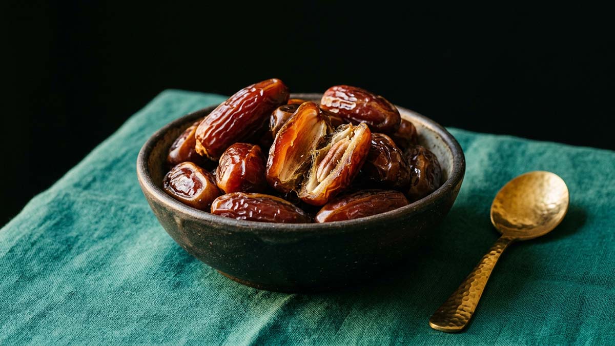 A bowl of glossy Medjool Dates with one split open on teal linen, a fruit beloved in Islam
