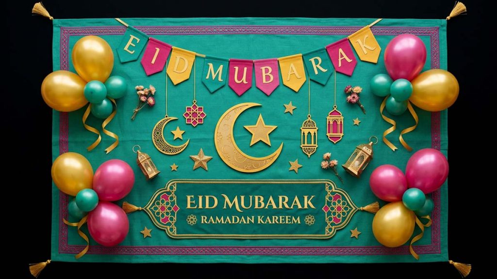 Eid Decorations including crescents, bunting and a banner laid out