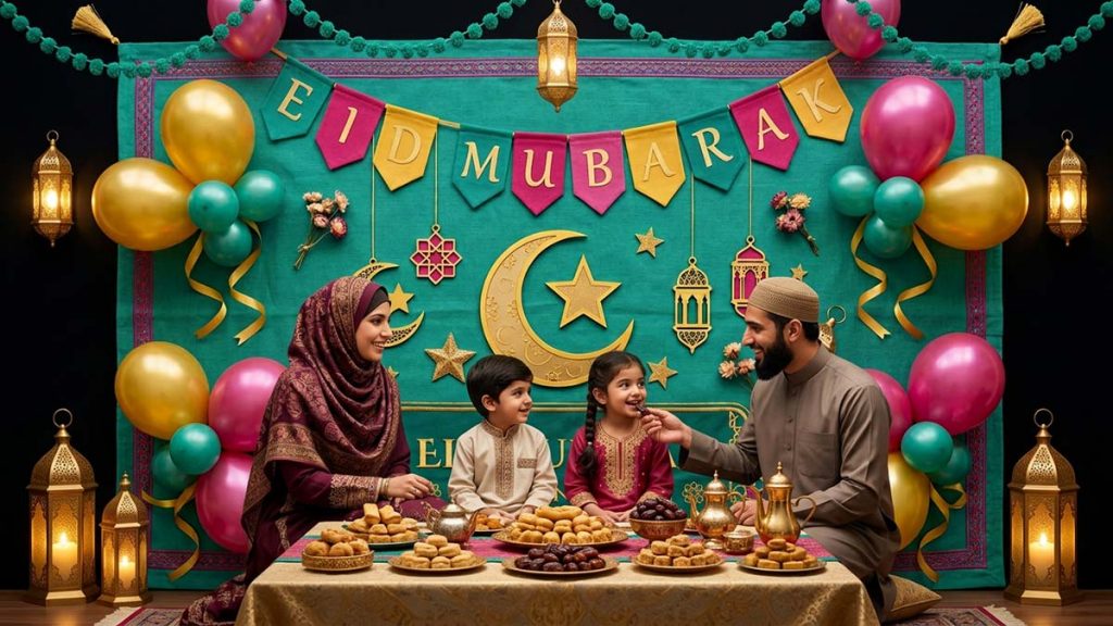 A Muslim family celebrating amid Eid Decorations