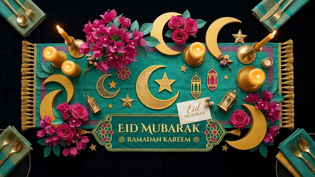 A gold-and-teal Eid Decorations centrepiece with crescent details