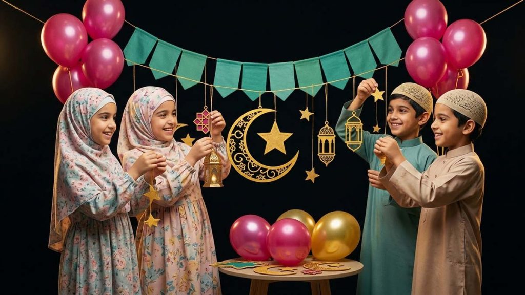 Muslim children hanging Eid Decorations together