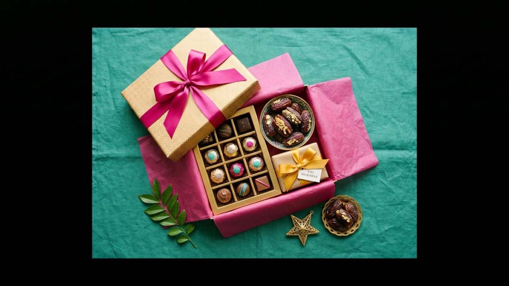 An open Eid Gift Box with chocolates, dates and a small present