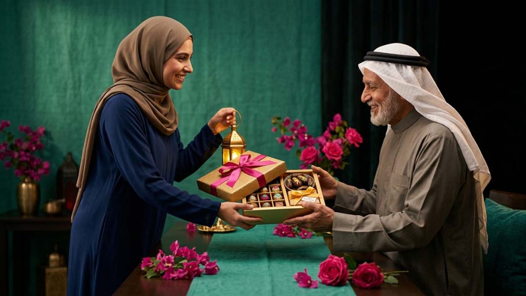 A Muslim person giving an Eid Gift Box, giving gifts in Islam