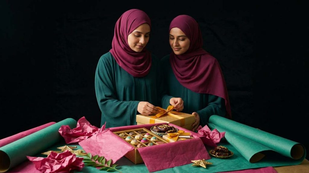 A Muslim woman wrapping an Eid Gift Box